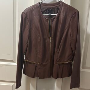 Brown Faux Leather Jacket with Gold Accents